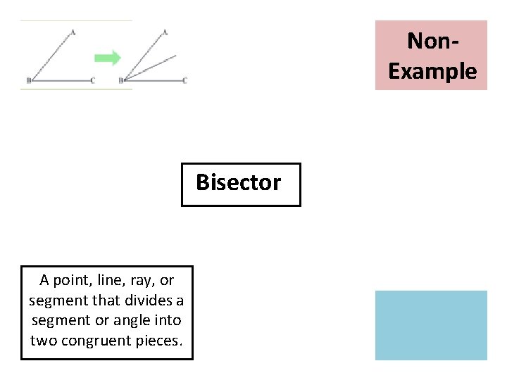 Non. Example Picture Bisector A point, line, ray, or segment that divides a segment