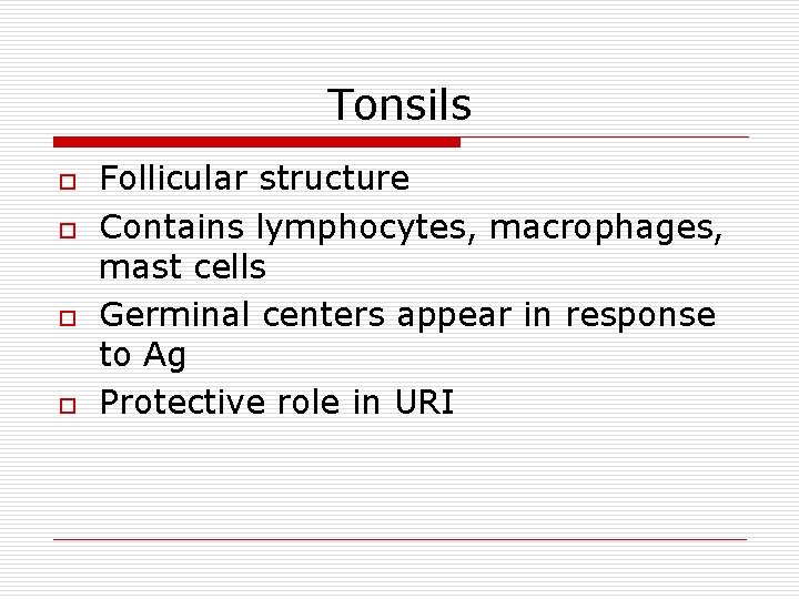 Tonsils o o Follicular structure Contains lymphocytes, macrophages, mast cells Germinal centers appear in
