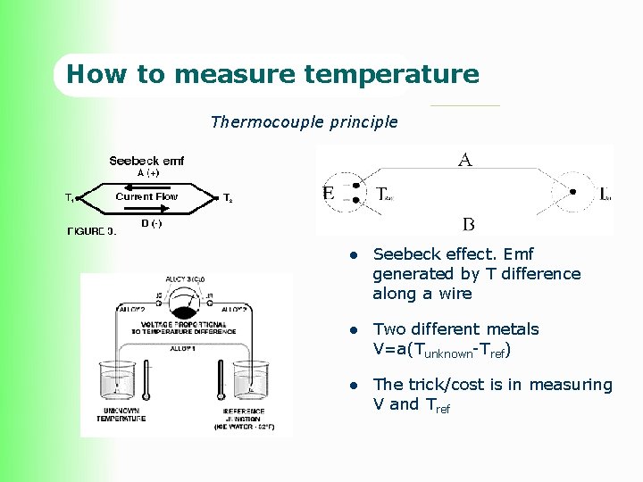 How to measure temperature Thermocouple principle l Seebeck effect. Emf generated by T difference How to measure temperature Thermocouple principle l Seebeck effect. Emf generated by T difference