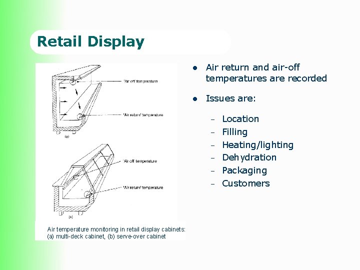 Retail Display l Air return and air-off temperatures are recorded l Issues are: –