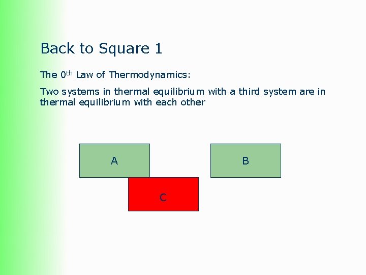 Back to Square 1 The 0 th Law of Thermodynamics: Two systems in thermal