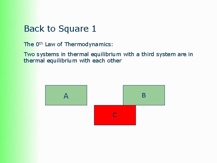 Back to Square 1 The 0 th Law of Thermodynamics: Two systems in thermal