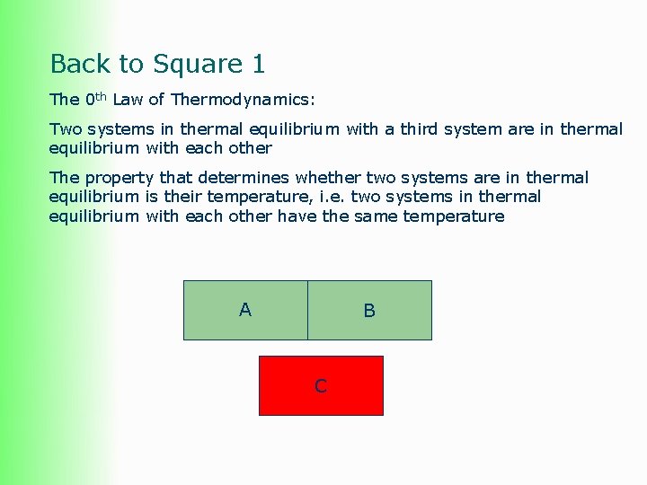 Back to Square 1 The 0 th Law of Thermodynamics: Two systems in thermal