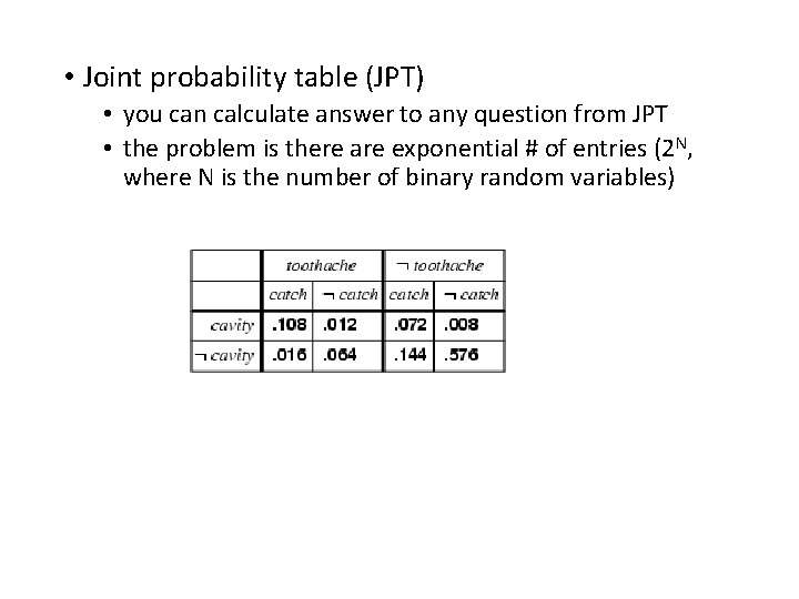  • Joint probability table (JPT) • you can calculate answer to any question