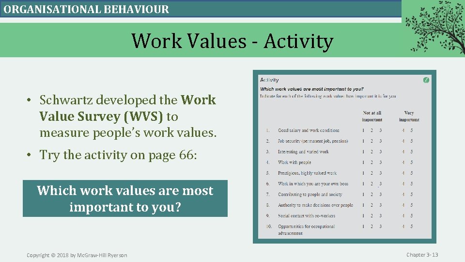ORGANISATIONAL BEHAVIOUR Work Values - Activity • Schwartz developed the Work Value Survey (WVS)