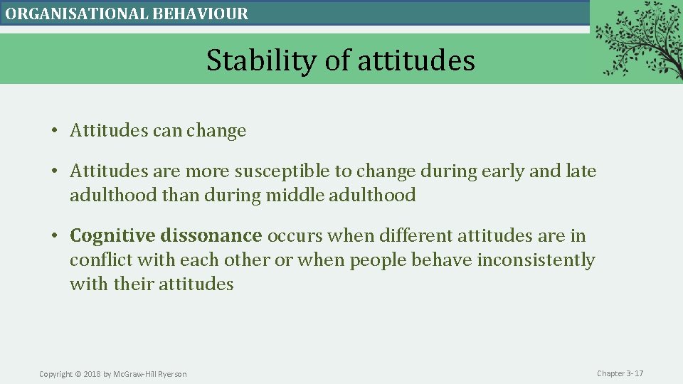 ORGANISATIONAL BEHAVIOUR Stability of attitudes • Attitudes can change • Attitudes are more susceptible