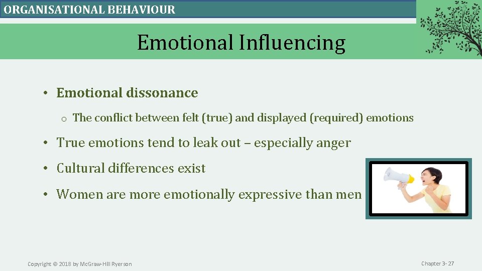 ORGANISATIONAL BEHAVIOUR Emotional Influencing • Emotional dissonance o The conflict between felt (true) and