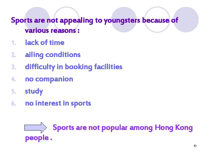 Sports are not appealing to youngsters because of various reasons : 1. lack of