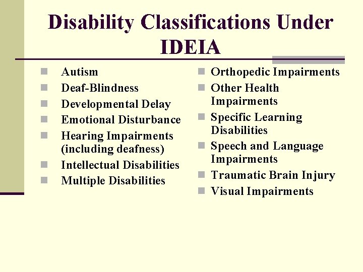 Disability Classifications Under IDEIA n n n n Autism Deaf-Blindness Developmental Delay Emotional Disturbance