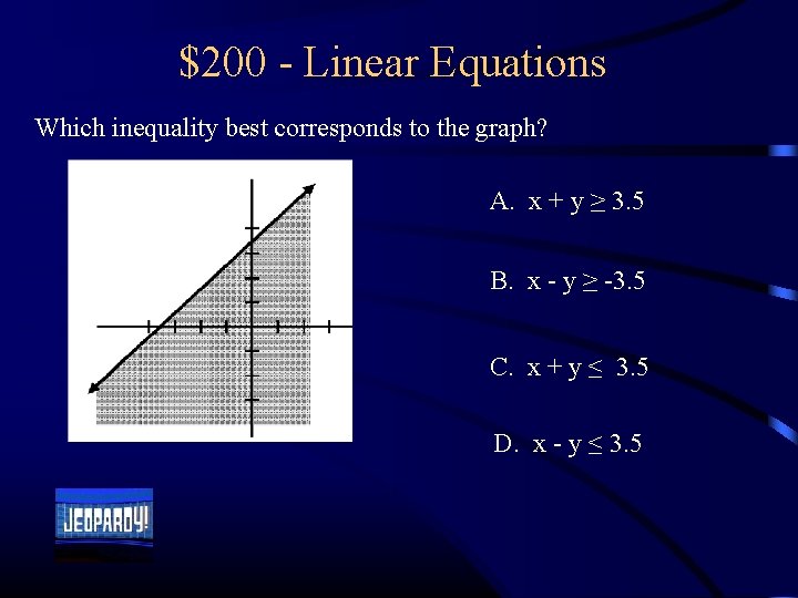 $200 - Linear Equations Which inequality best corresponds to the graph? A. x +