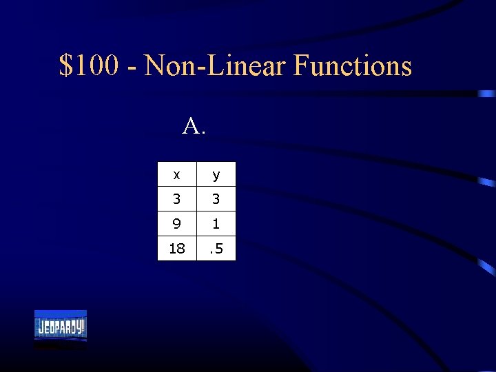 $100 - Non-Linear Functions A. x y 3 3 9 1 18 . 5