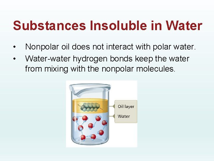 Substances Insoluble in Water • • Nonpolar oil does not interact with polar water.