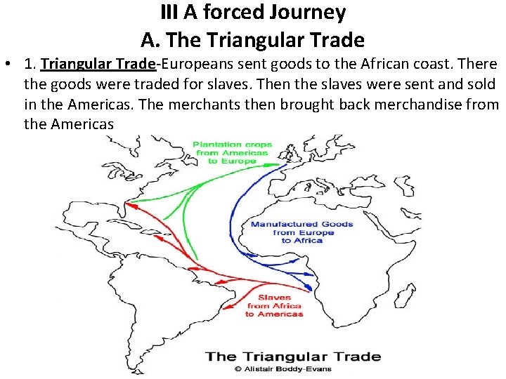 III A forced Journey A. The Triangular Trade • 1. Triangular Trade-Europeans sent goods