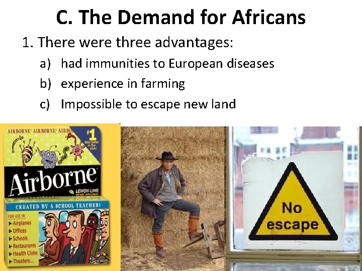 C. The Demand for Africans 1. There were three advantages: a) had immunities to