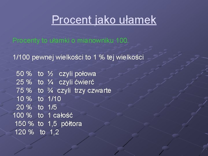 Procent jako ułamek Procenty to ułamki o mianowniku 100. 1/100 pewnej wielkości to 1