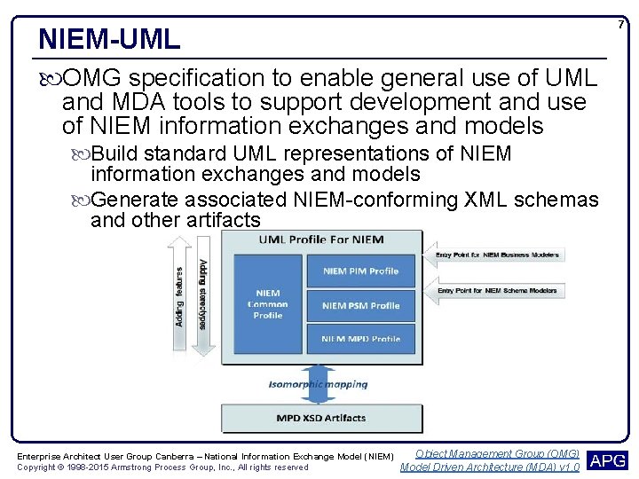 7 NIEM-UML OMG specification to enable general use of UML and MDA tools to