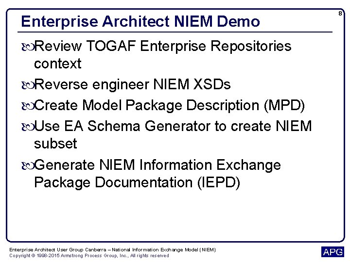 Enterprise Architect NIEM Demo Review TOGAF Enterprise Repositories context Reverse engineer NIEM XSDs Create