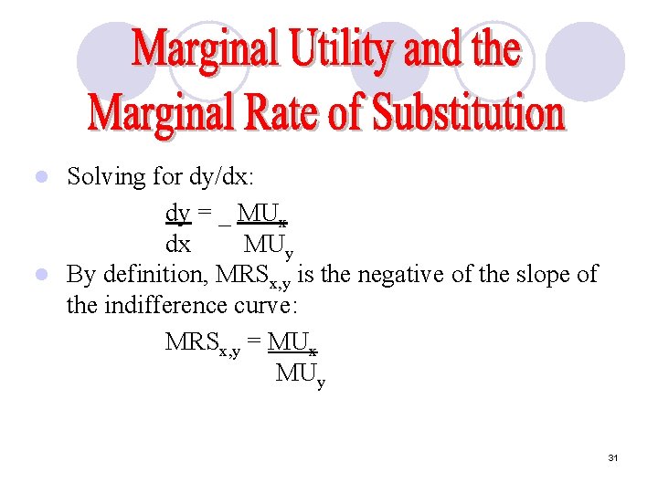 Solving for dy/dx: dy = _ MUx dx MUy l By definition, MRSx, y
