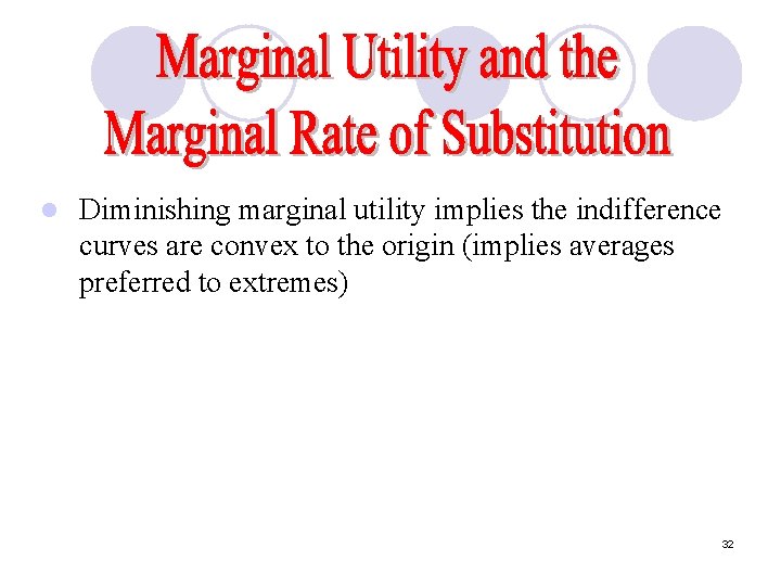 l Diminishing marginal utility implies the indifference curves are convex to the origin (implies