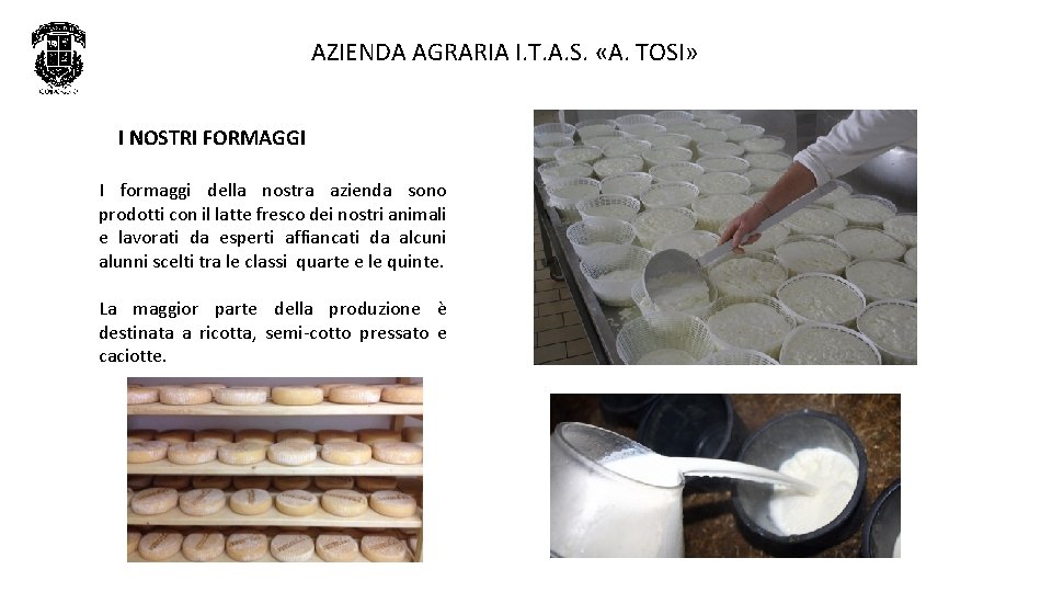 AZIENDA AGRARIA I. T. A. S. «A. TOSI» I NOSTRI FORMAGGI I formaggi della AZIENDA AGRARIA I. T. A. S. «A. TOSI» I NOSTRI FORMAGGI I formaggi della
