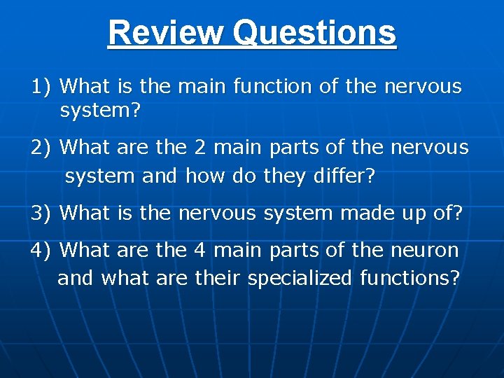 Review Questions 1) What is the main function of the nervous system? 2) What