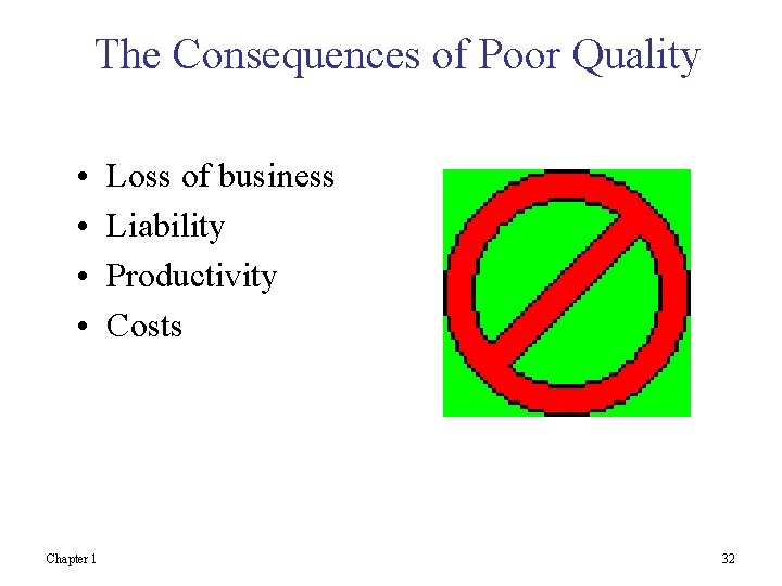 The Consequences of Poor Quality • • Chapter 1 Loss of business Liability Productivity