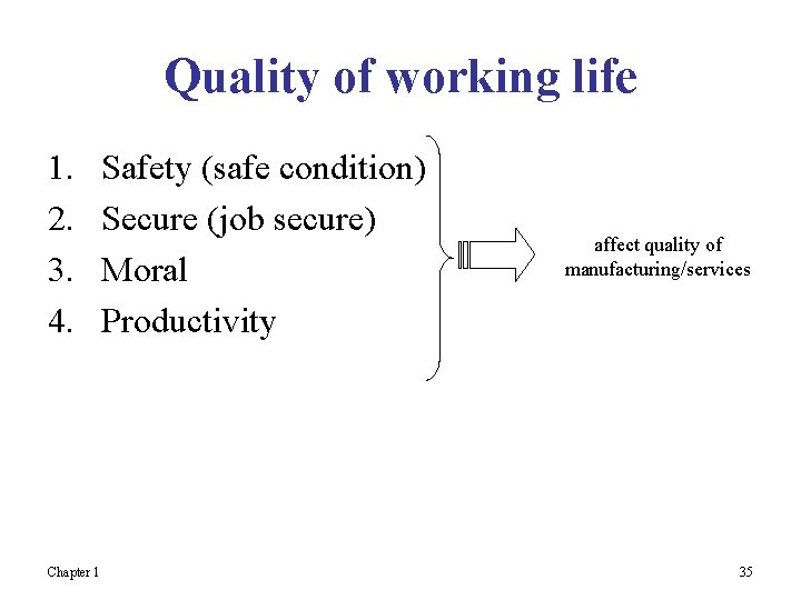 Quality of working life 1. 2. 3. 4. Chapter 1 Safety (safe condition) Secure