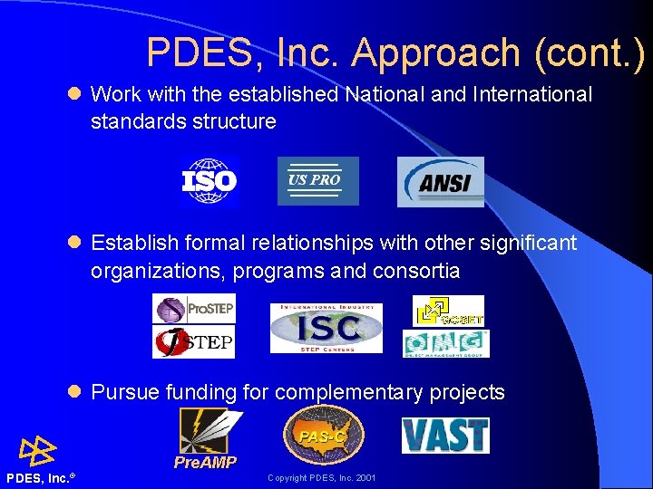 PDES, Inc. Approach (cont. ) l Work with the established National and International standards