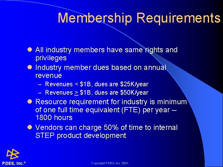 Membership Requirements l All industry members have same rights and privileges l Industry member
