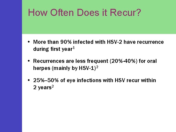 How Often Does it Recur? • More than 90% infected with HSV-2 have recurrence