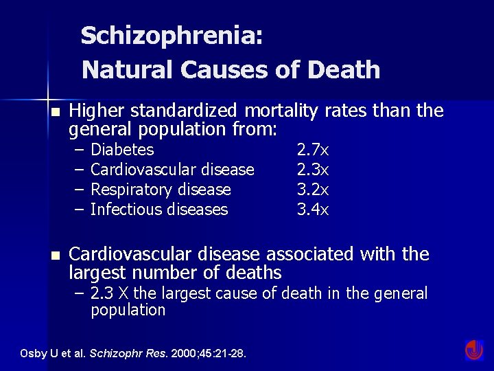 Schizophrenia: Natural Causes of Death n Higher standardized mortality rates than the general population