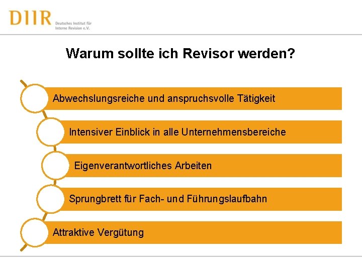 Warum sollte ich Revisor werden? Abwechslungsreiche und anspruchsvolle Tätigkeit Intensiver Einblick in alle Unternehmensbereiche