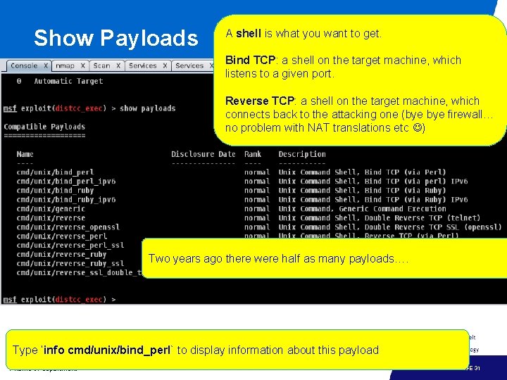 Show Payloads A shell is what you want to get. Bind TCP: a shell