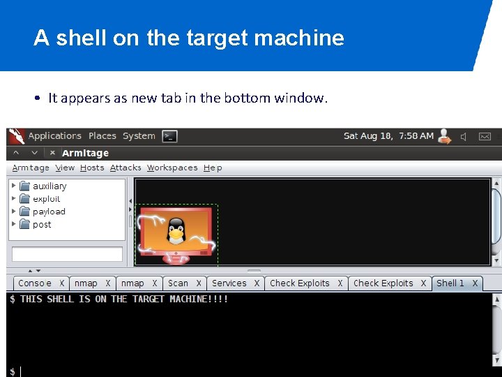 A shell on the target machine • It appears as new tab in the