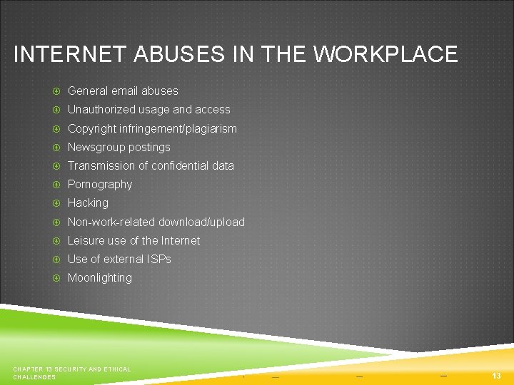 INTERNET ABUSES IN THE WORKPLACE General email abuses Unauthorized usage and access Copyright infringement/plagiarism