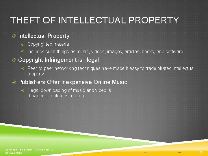 THEFT OF INTELLECTUAL PROPERTY Intellectual Property Copyrighted material Includes such things as music, videos,