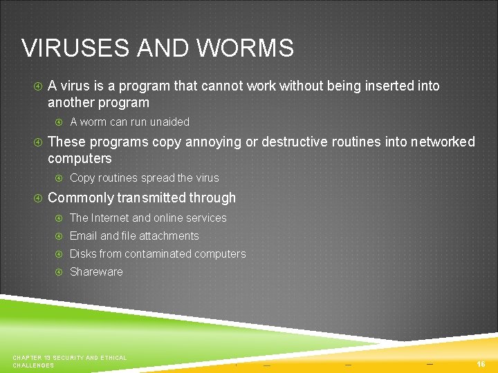 VIRUSES AND WORMS A virus is a program that cannot work without being inserted