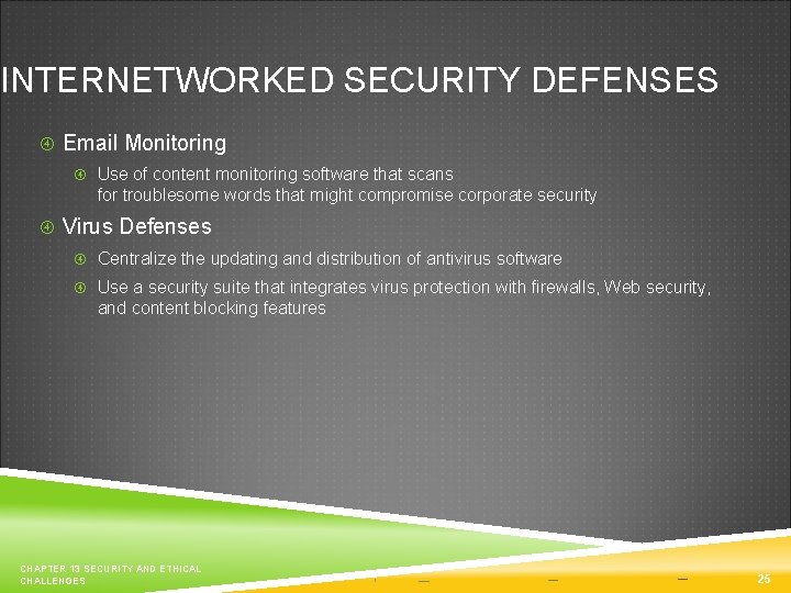 INTERNETWORKED SECURITY DEFENSES Email Monitoring Use of content monitoring software that scans for troublesome