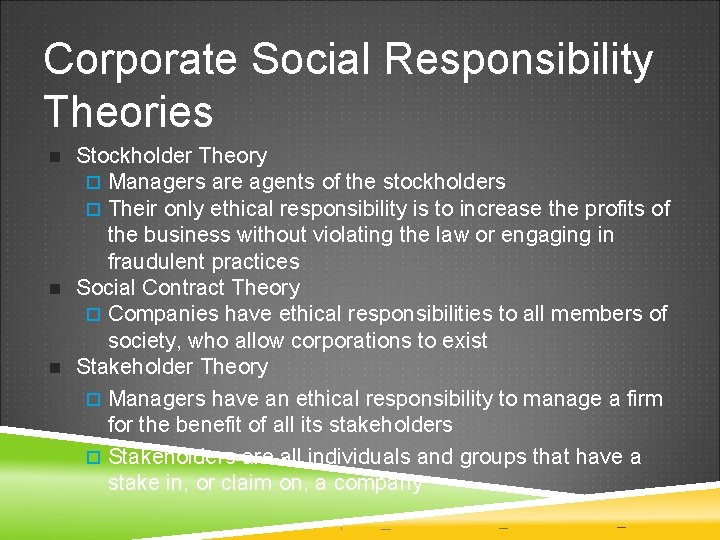 Corporate Social Responsibility Theories n n n Stockholder Theory ¨ Managers are agents of