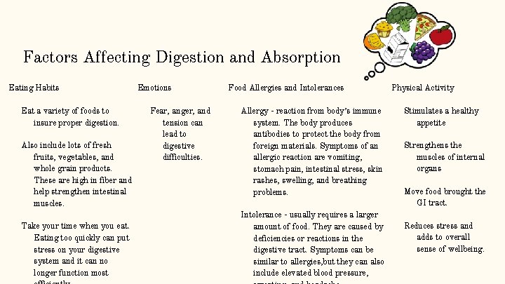 Factors Affecting Digestion and Absorption Eating Habits Eat a variety of foods to insure