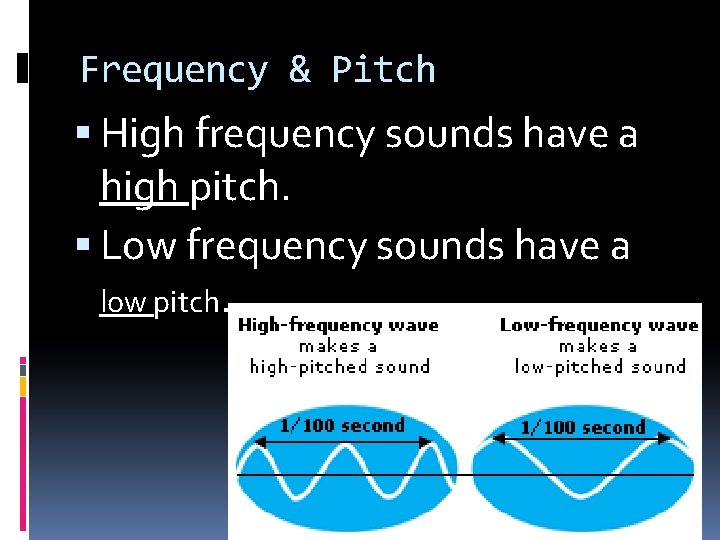 Frequency & Pitch High frequency sounds have a high pitch. Low frequency sounds have