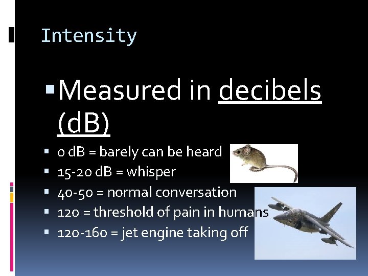 Intensity Measured in decibels (d. B) 0 d. B = barely can be heard