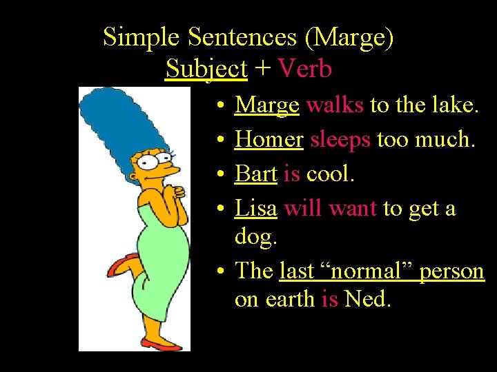 Simple Sentences (Marge) Subject + Verb • • Marge walks to the lake. Homer