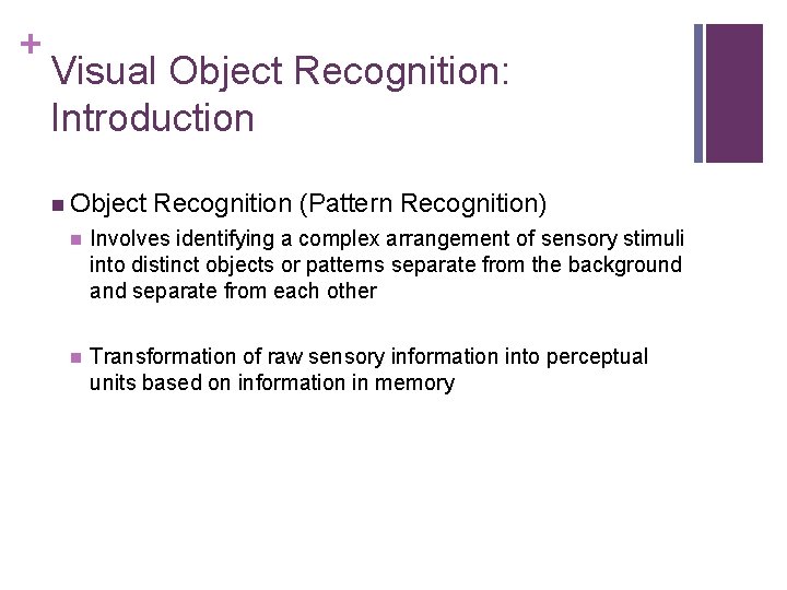 + Visual Object Recognition: Introduction n Object Recognition (Pattern Recognition) n Involves identifying a