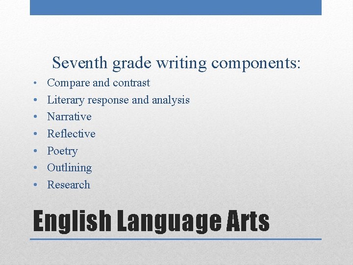 Seventh grade writing components: • Compare and contrast • • • Literary response and