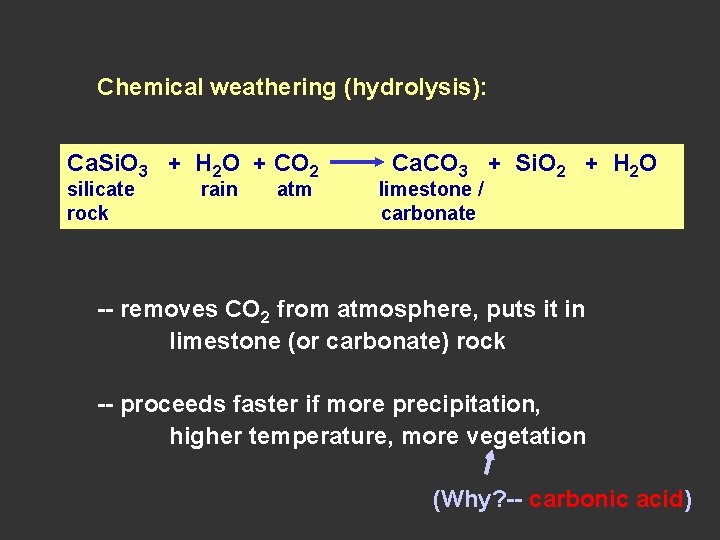 Chemical weathering (hydrolysis): Ca. Si. O 3 + H 2 O + CO 2 Chemical weathering (hydrolysis): Ca. Si. O 3 + H 2 O + CO 2