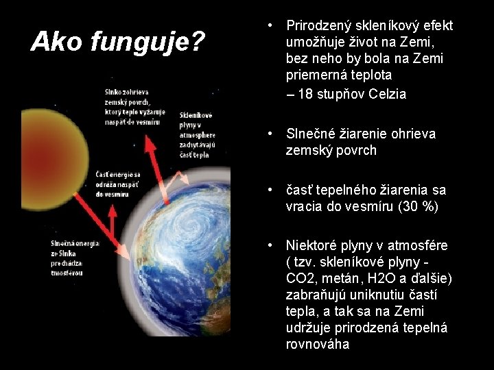 Ako funguje? • Prirodzený skleníkový efekt umožňuje život na Zemi, bez neho by bola