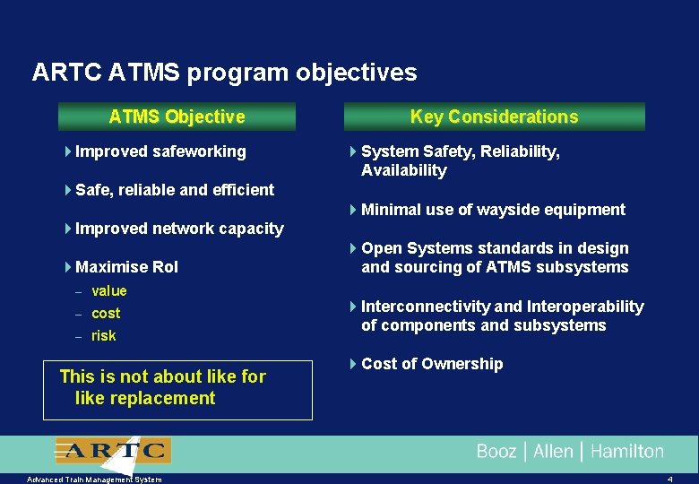 ARTC ATMS program objectives ATMS Objective 4 Improved safeworking Key Considerations 4 System Safety,