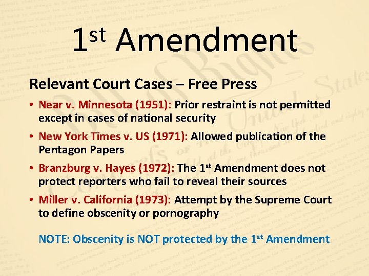st 1 Amendment Relevant Court Cases – Free Press • Near v. Minnesota (1951):