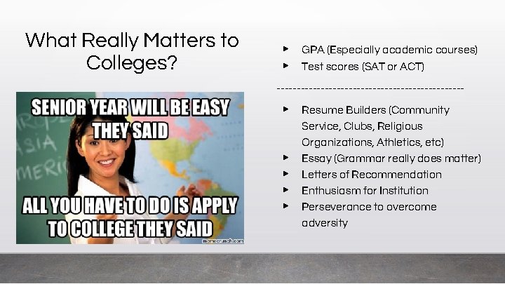 What Really Matters to Colleges? ▶ ▶ GPA (Especially academic courses) Test scores (SAT